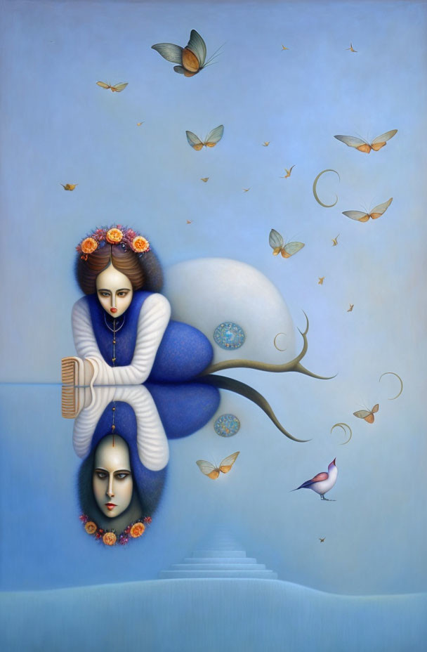 Surreal painting of woman with three faces and butterflies on blue backdrop