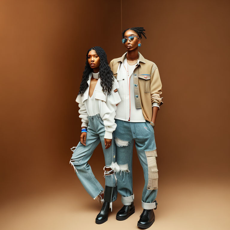 Fashionable individuals in modern outfits against brown backdrop, one with sunglasses and braided hair.