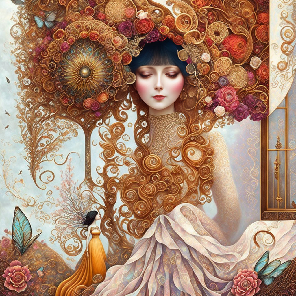 Detailed illustration of woman with golden hair and ornate dress, surrounded by flowers and peacock feather