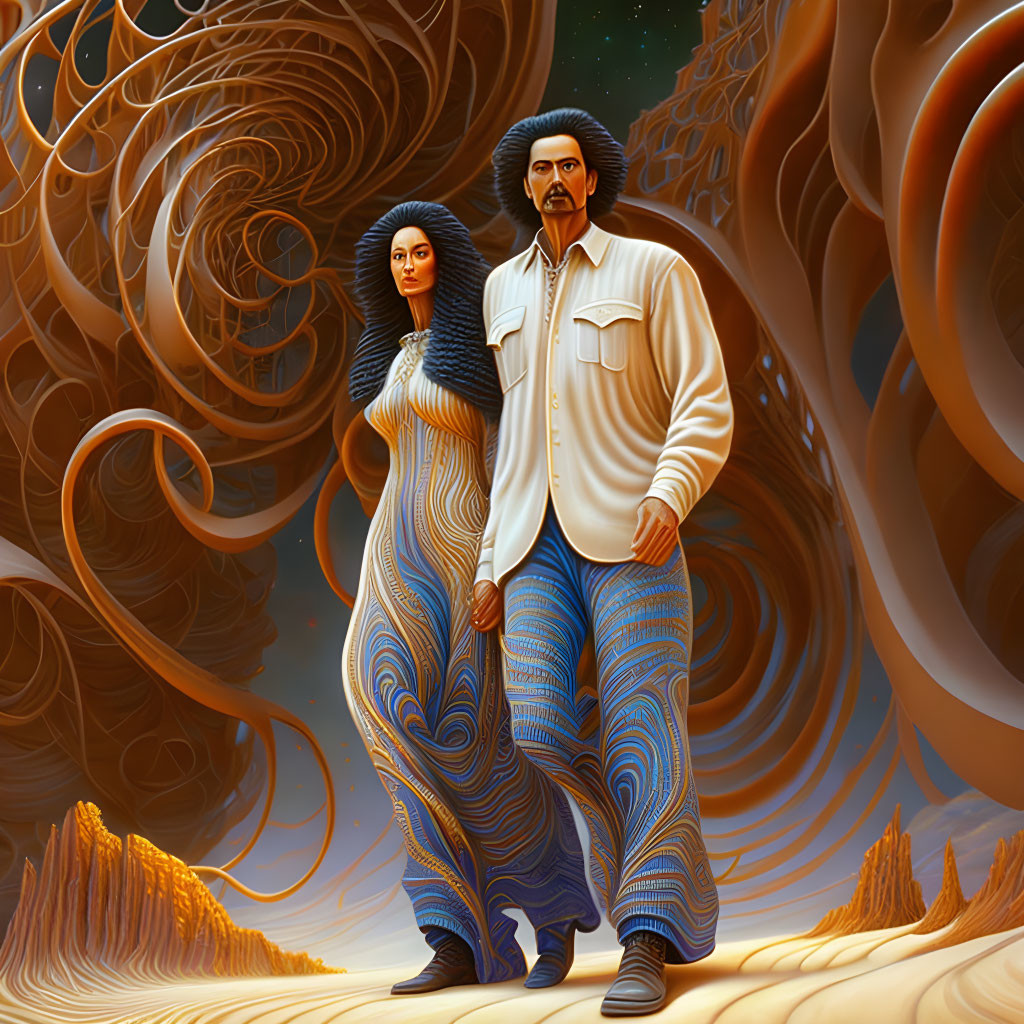 Abstract Couple Painting with Swirling Patterns on Desert Background