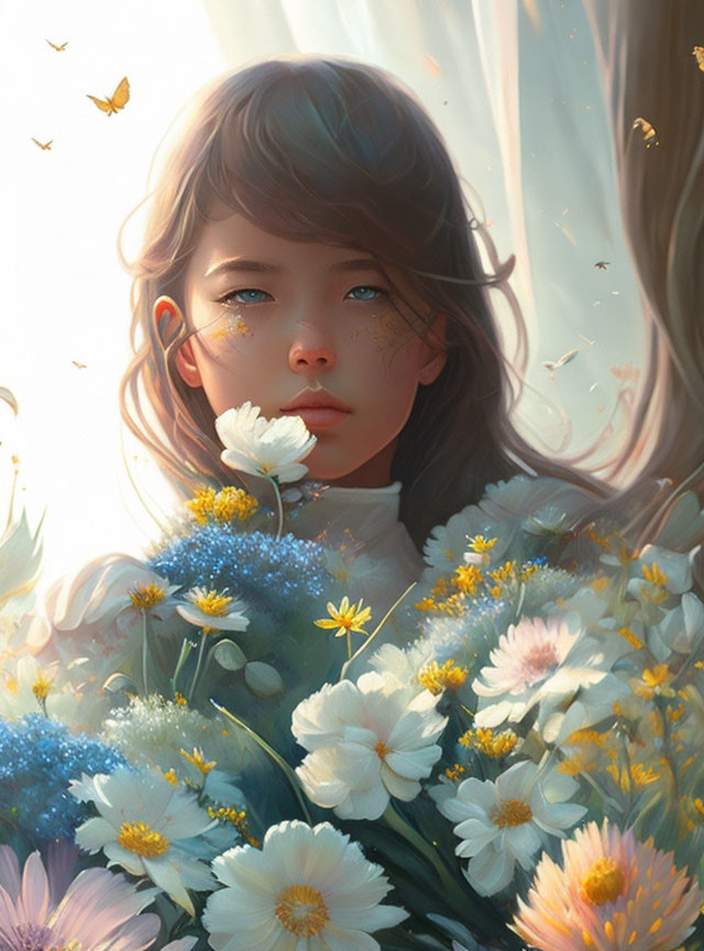 Young girl surrounded by white flowers and butterflies, featuring delicate freckles and dreamy gaze