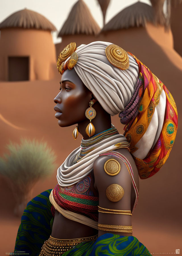 Woman in Golden Ornaments and Colorful Turban in African Village