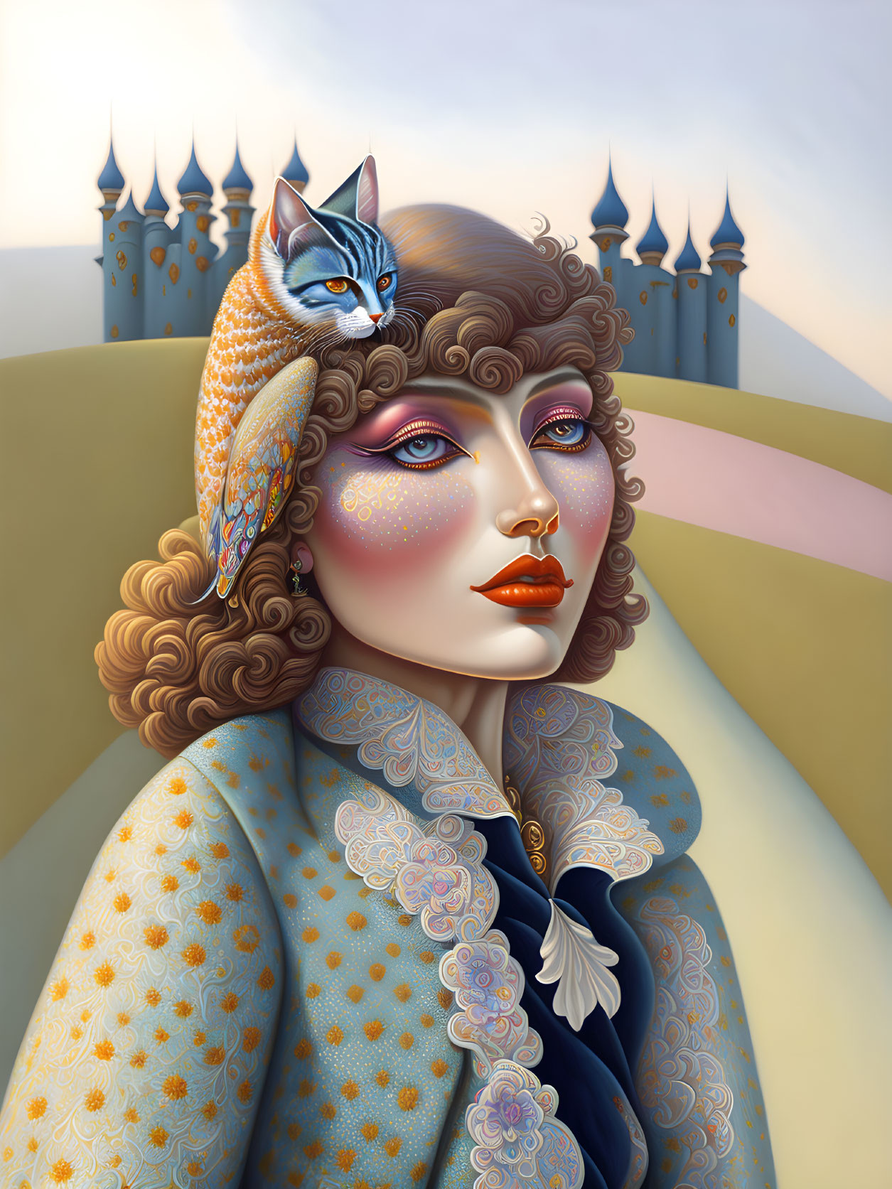 Surreal illustration of woman with elaborate makeup and cat in fantasy landscape