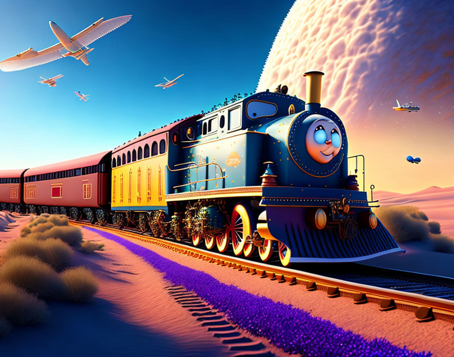 Colorful Animated Image: Smiling Blue Train in Desert Landscape