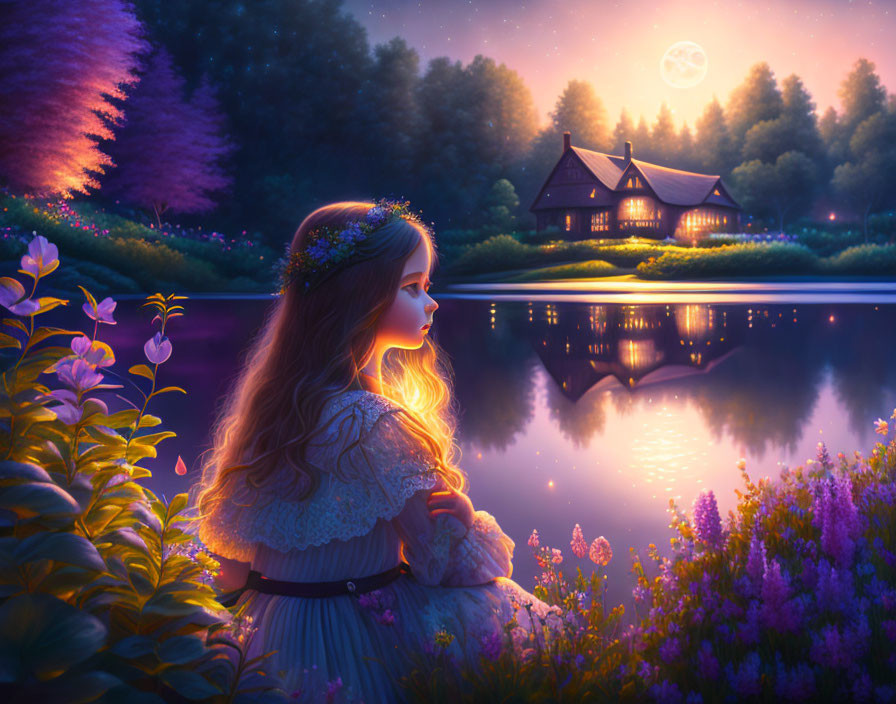 Girl in White Dress Gazing at Cottage Across Tranquil Lake