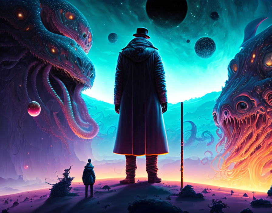 Surreal illustration of person with tentacled creatures under alien sky