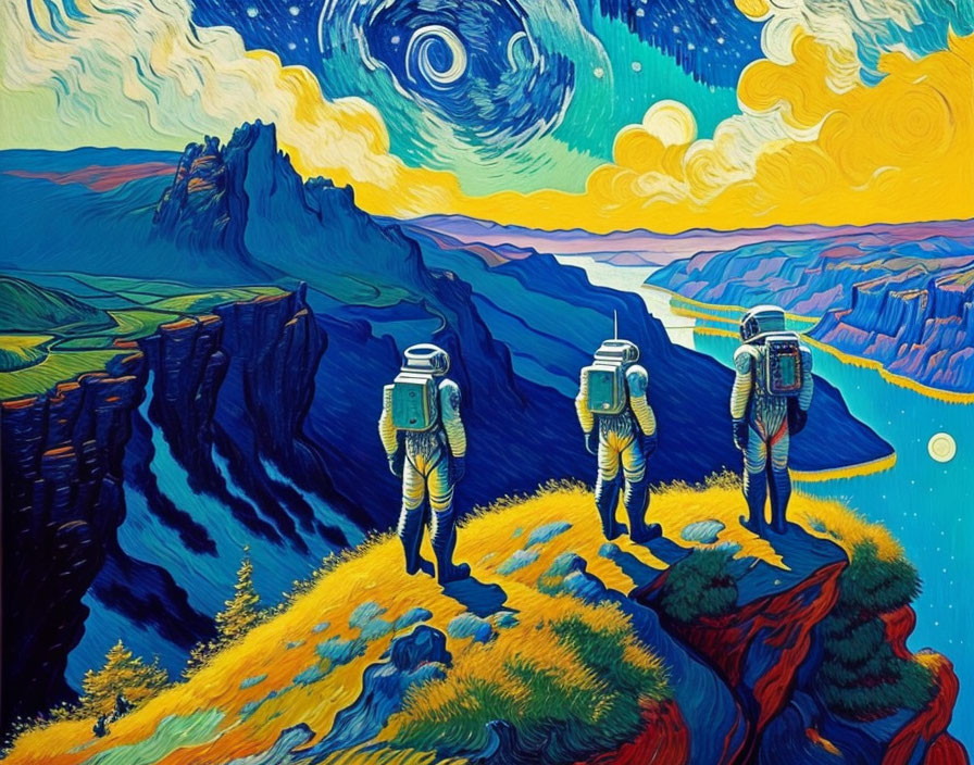 Three astronauts on cliff with river below in Van Gogh style