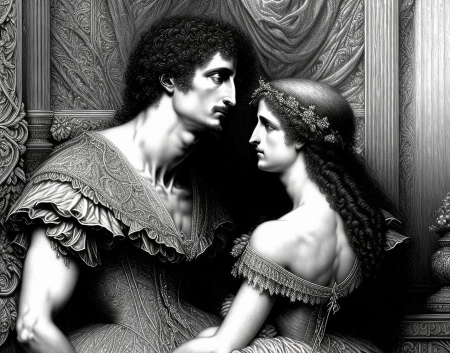 Monochrome artwork of man and woman in historical attire with intricate patterns