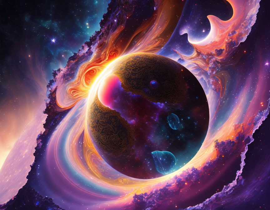 Detailed digital cosmic scene with vibrant planet and colorful space clouds