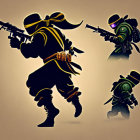 Three ninja silhouettes with modern firearms in vibrant neon outlines on tan background