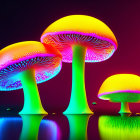 Vibrant neon-colored mushrooms on reflective surface