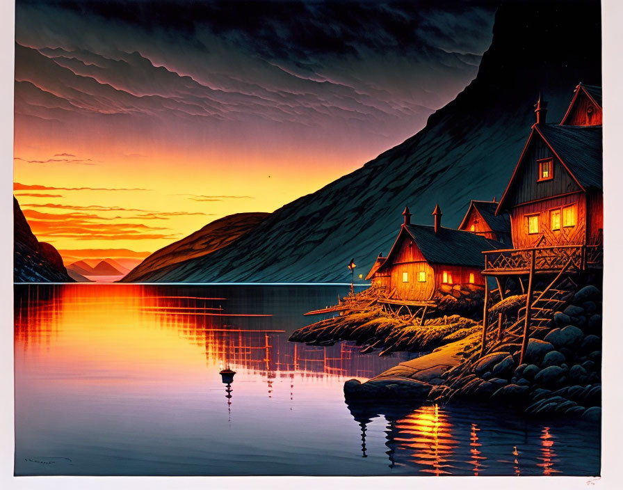 Tranquil fjord with illuminated cabins, sunset reflection, mountains, and dramatic sky