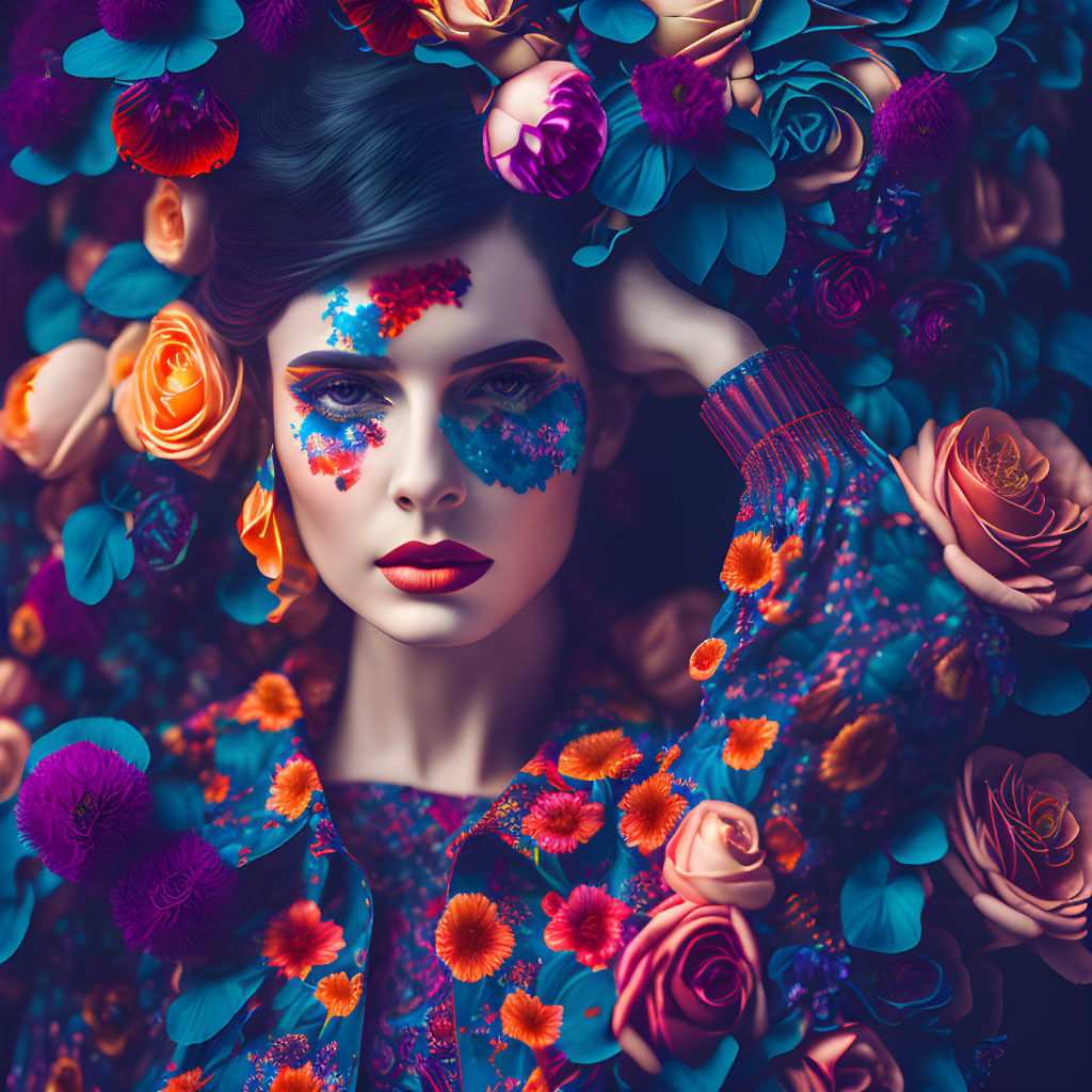 Woman with Floral Makeup and Outfit Among Colorful Flowers