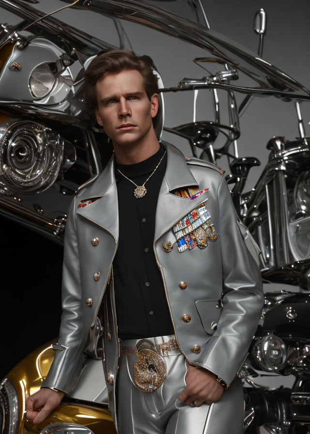 Silver Decorated Jacket Man Poses with Shiny Motorcycle Parts