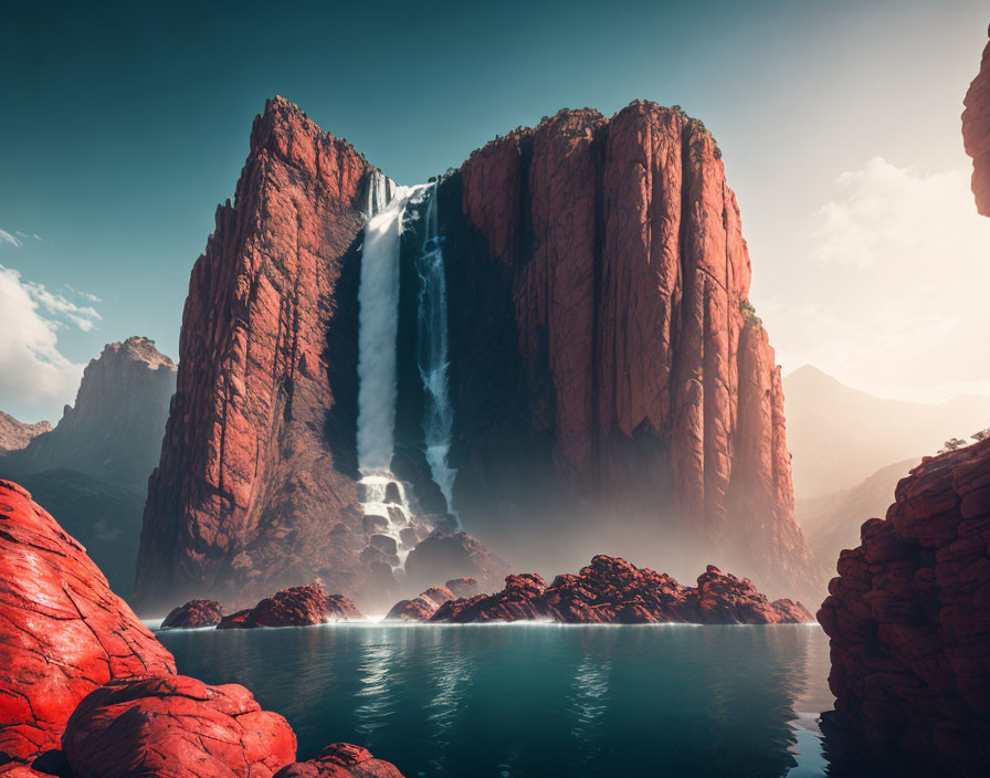 Majestic waterfall on red cliff above emerald lake