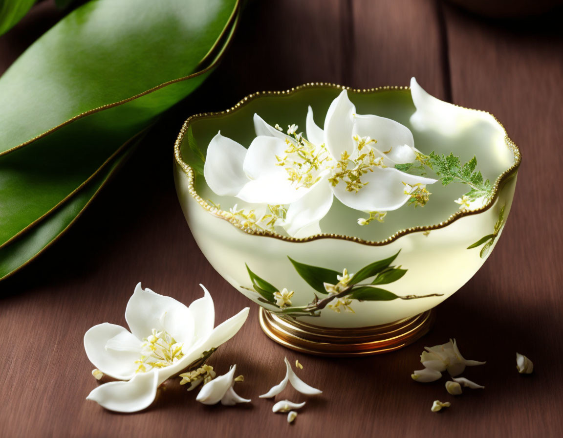 White Flowers and Gold Trim Bowl on Wooden Surface