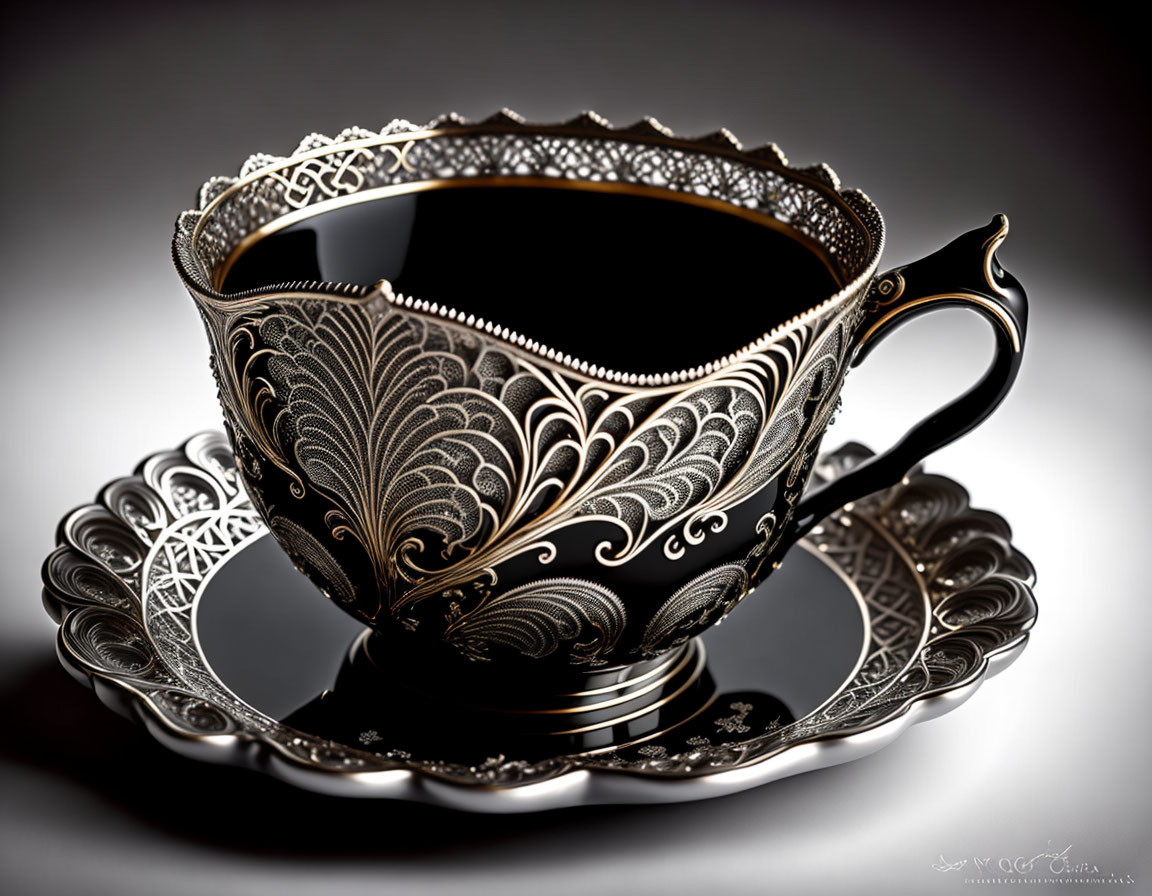 Black and Silver Filigree Cup and Saucer Set with Intricate Designs