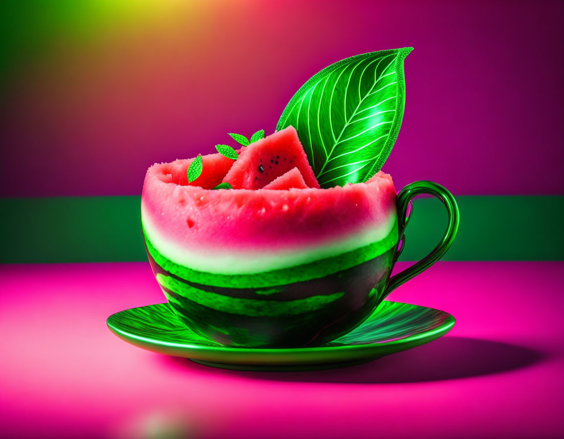 Fresh Watermelon Slices in Cup-Shaped Rind on Saucer