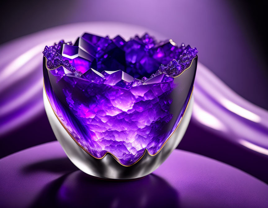 Purple crystalline structures in elegant silver bowl on draped surface