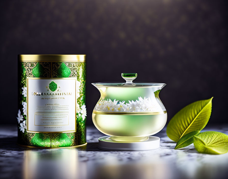 Luxurious Green Tea Set with Ornate Tin and Glass Teapot