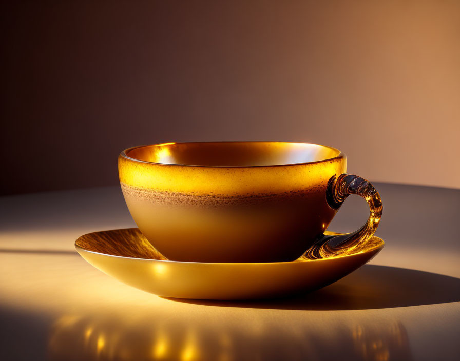 Translucent Amber Tea Cup and Saucer in Warm Light