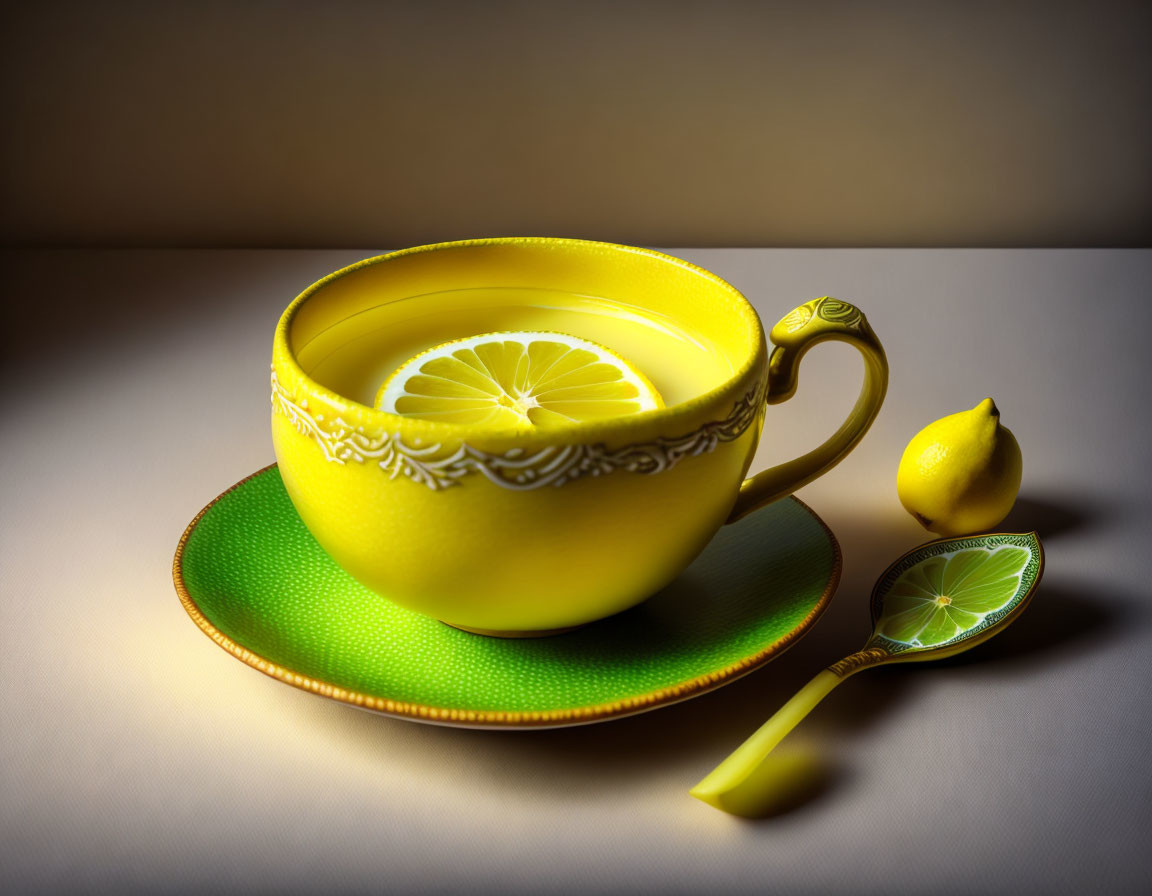 Yellow teacup with lemon slice on green saucer and spoon on beige surface