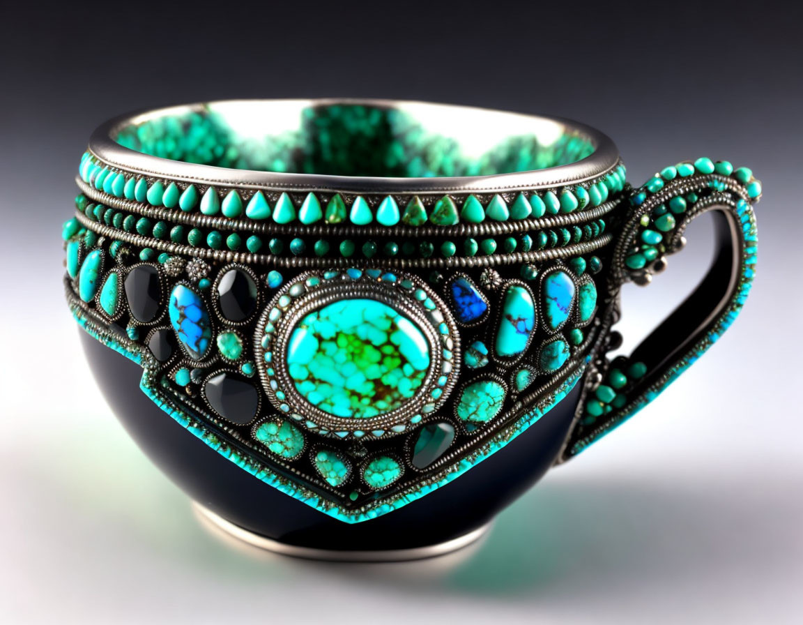 Intricate Silver Metalwork Cup with Turquoise and Black Gemstones