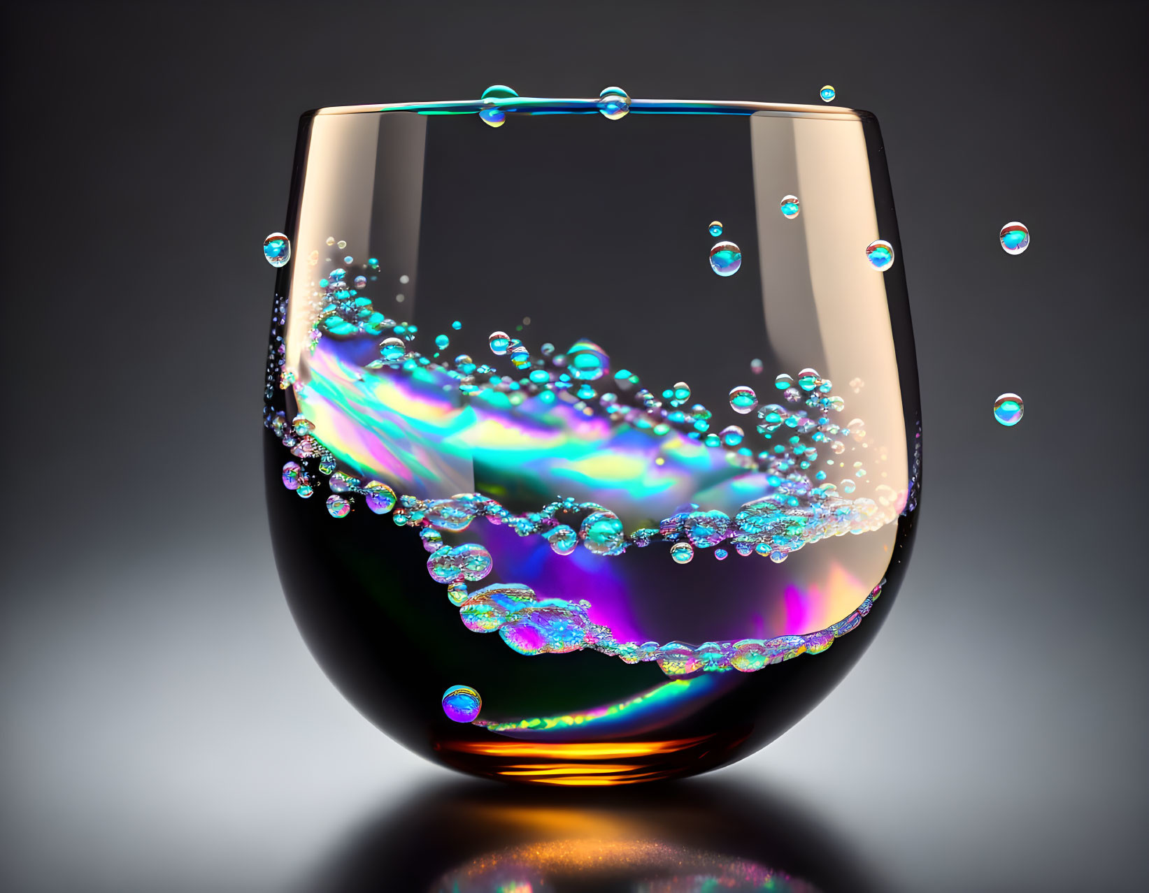 Colorful iridescent liquid in glass with bubbles on gradient background