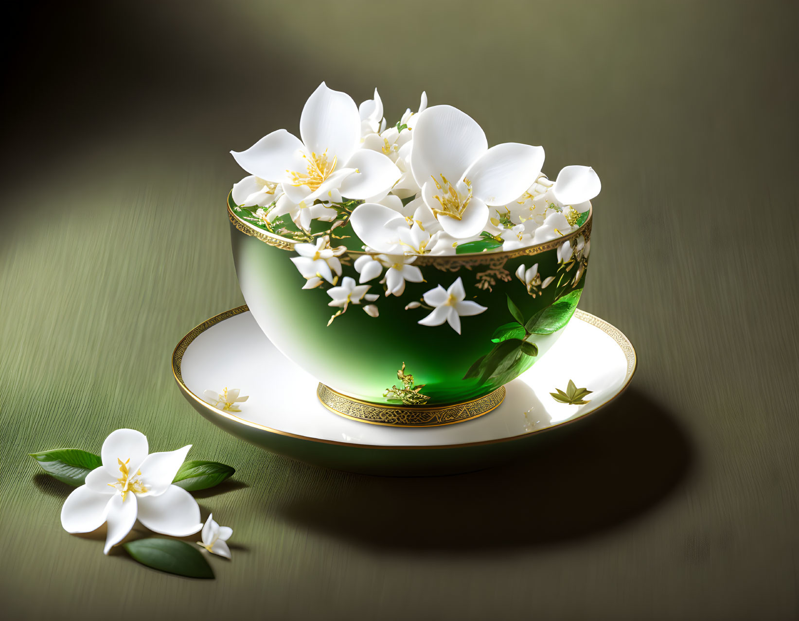 Green ornate bowl with white flowers on saucer, illuminated on textured surface