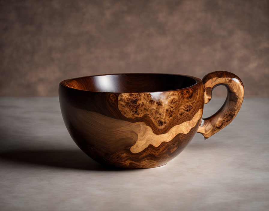 Dark Grained Wooden Mug on Textured Background