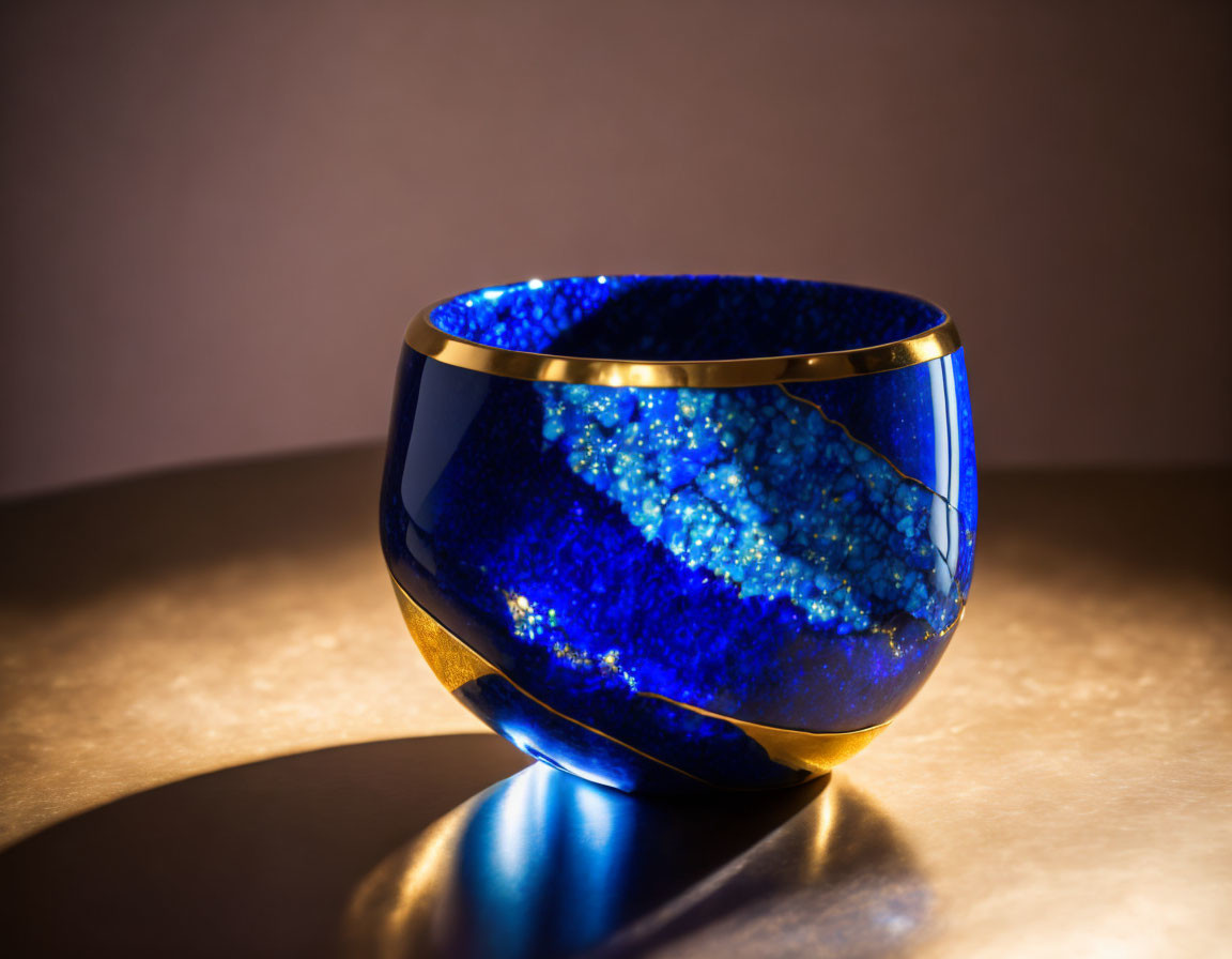 Blue Glass Bowl with Gold Rim in Warm Light on Beige Surface