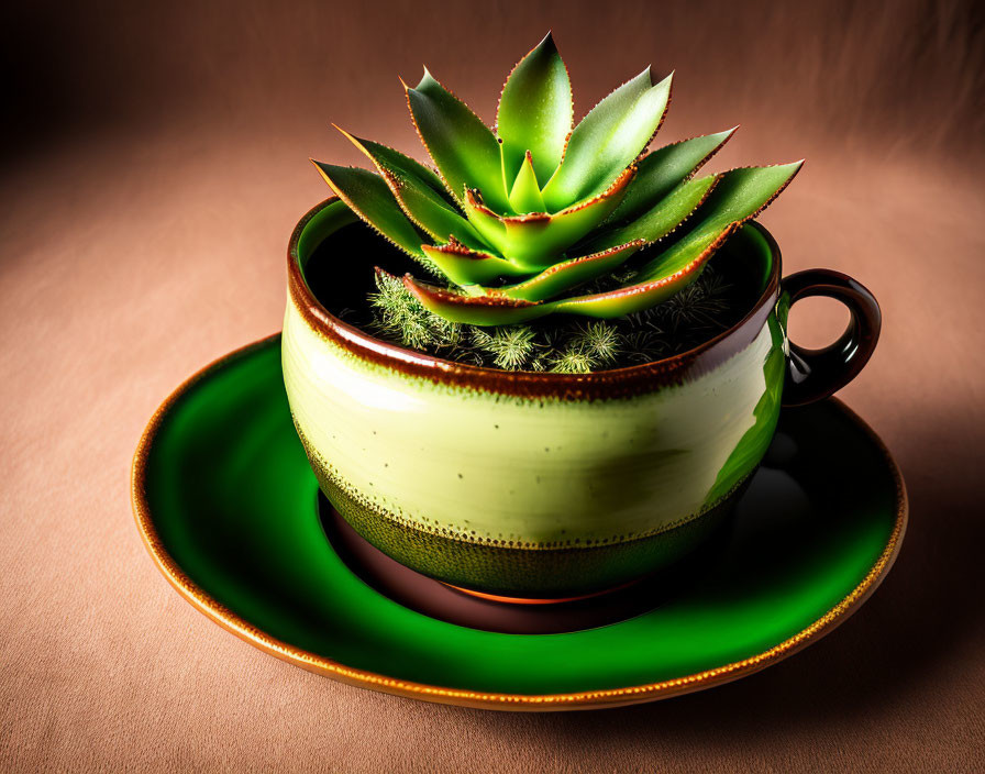 Succulent Plant in Green Cup on Saucer with Warm-Toned Background