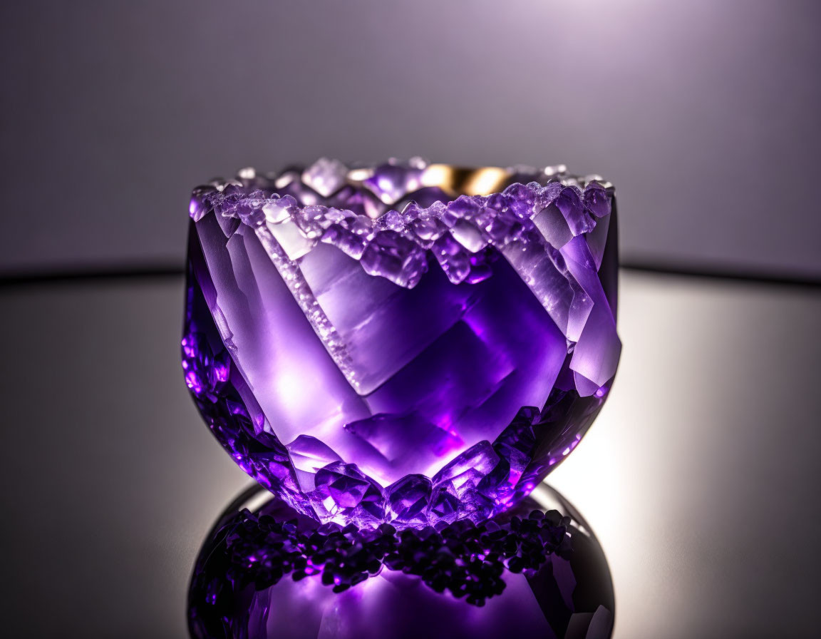 Jagged edges purple crystal glowing on reflective surface