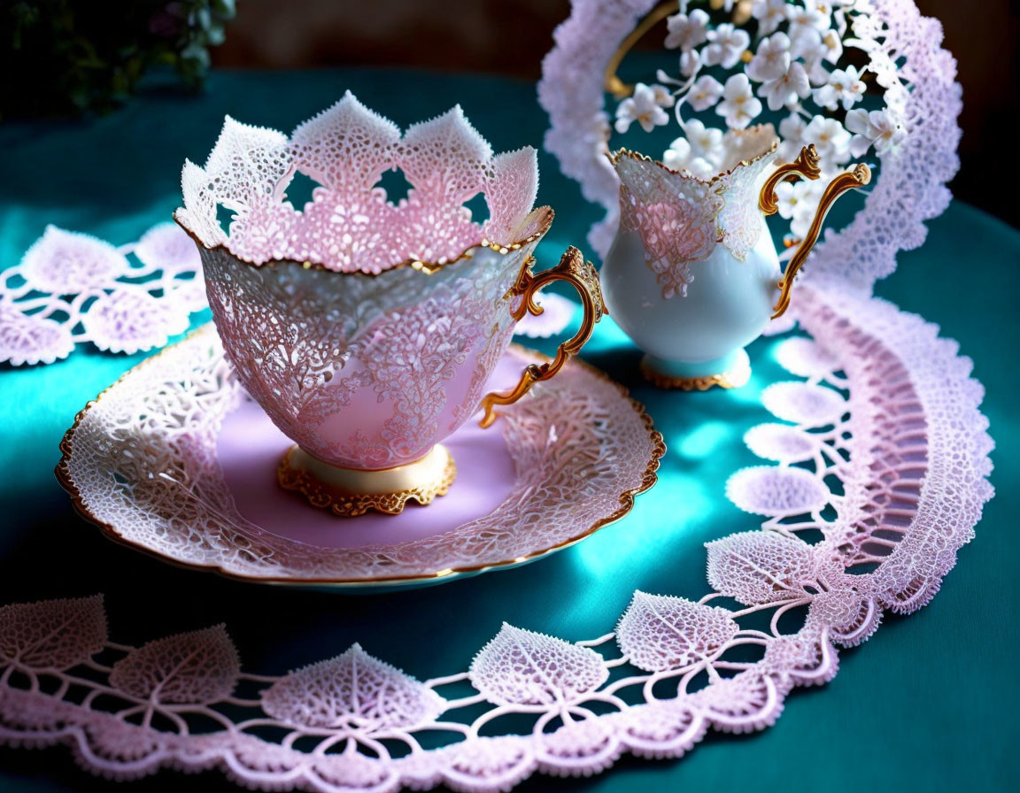 Porcelain tea cup with lace design on saucer and white flowers vase on lacy tablecloth