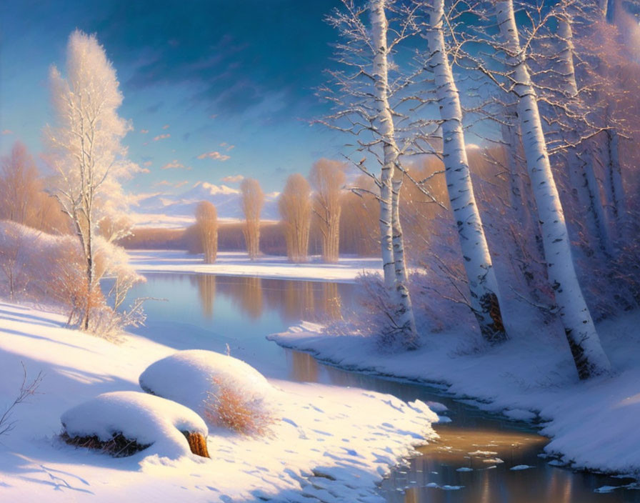 Snow-covered trees and calm river in serene winter scene