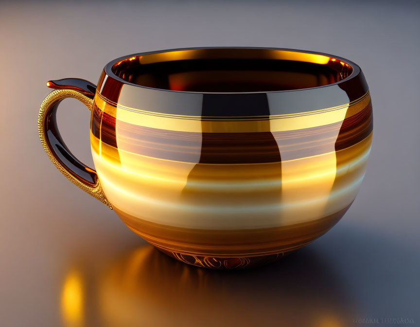 Striped Brown and Gold Ceramic Cup on Reflective Surface