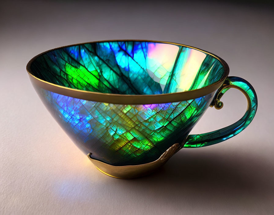 Iridescent cup with blue and green mosaic patterns and golden details