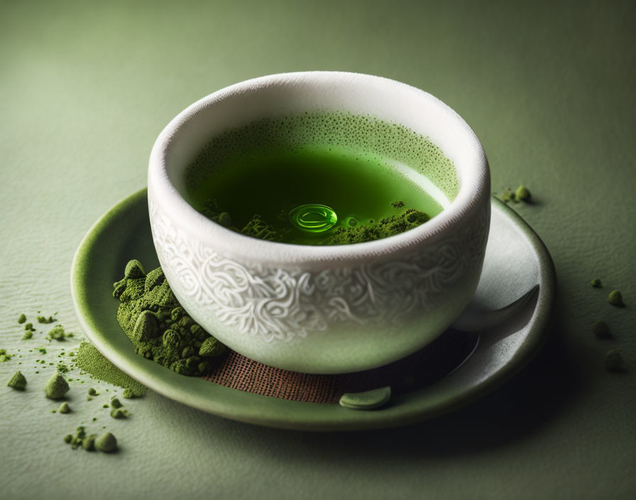 Matcha tea cup with froth on saucer and powder on green surface