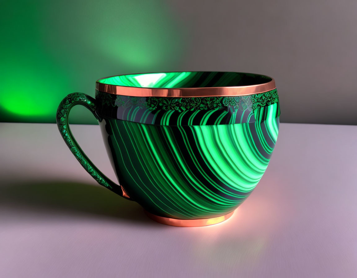 Green and Black Striped Cup with Golden Rim and Handle on Table