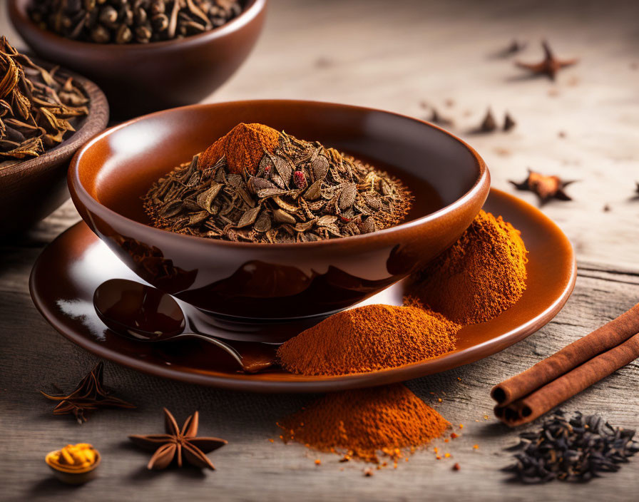 Assorted Aromatic Spices in Earthenware Bowls on Wooden Table