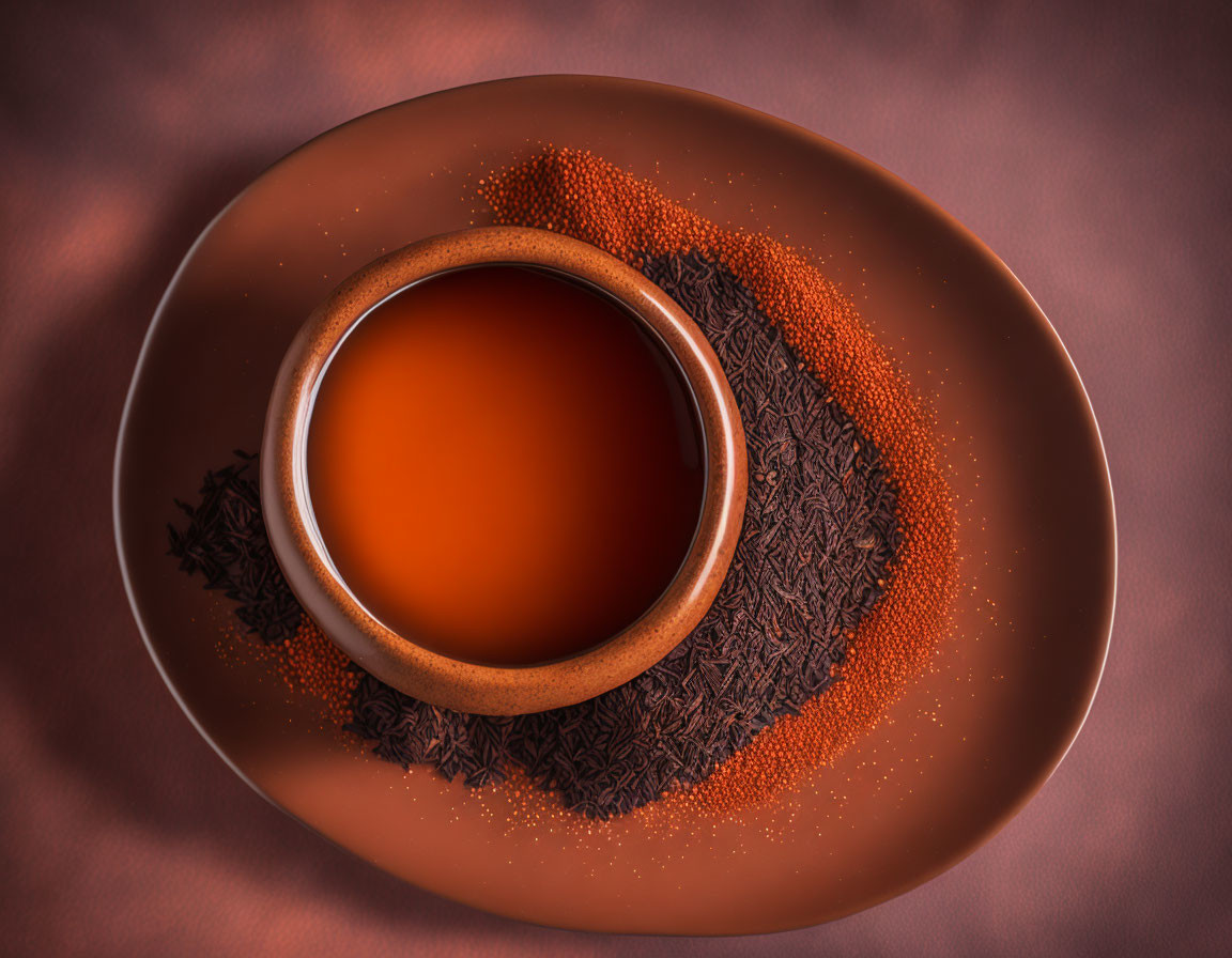 Steaming cup of tea with loose leaves on brown plate