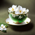 Green ornate bowl with white flowers on saucer, illuminated on textured surface