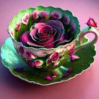 Green and Purple Rose Teacup and Saucer Decor on Pink Background