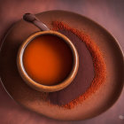 Steaming cup of tea with loose leaves on brown plate