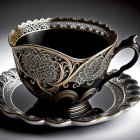 Black and Silver Filigree Cup and Saucer Set with Intricate Designs