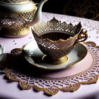 Filigree Design Tea Set with Gold Accents and Floral Teapot