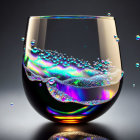 Colorful iridescent liquid in glass with bubbles on gradient background