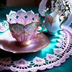 Porcelain tea cup with lace design on saucer and white flowers vase on lacy tablecloth