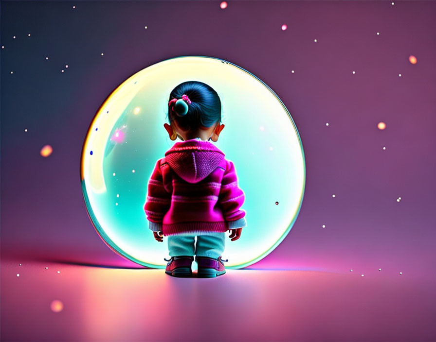 Toddler mesmerized by colorful, glowing bubble on pink background