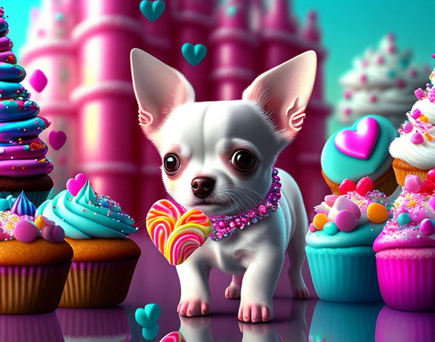 Colorful Chihuahua surrounded by cupcakes and candies with pink castles in the background